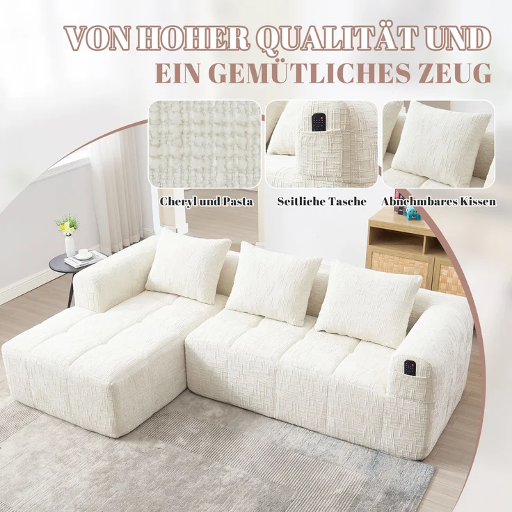 L-Form Sofa (3-Sitzer) mit Chaiselongue, Chenille, ohne Montage, 250x158x60 cm, Beige – Bild 5