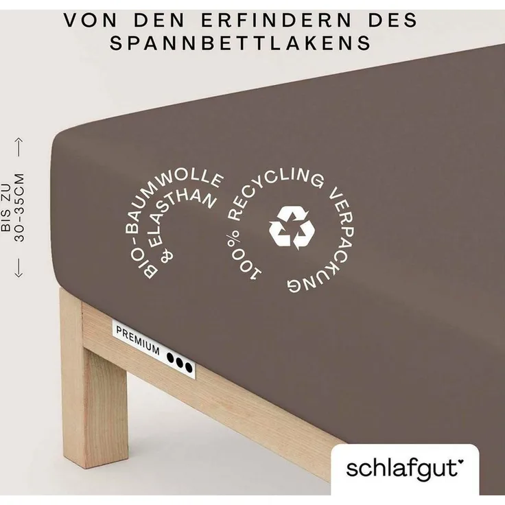 Schlafgut Spannbettlaken PREMIUM Mako-Zwirn-Jersey, 220 g/m², 95% Bio-Baumwolle, 5% Elasthan, Mako-Zwirn-Jersey, Gummizug: rundum, (1 Stück), Bettlaken bis 30 cm Höhe, PREMIUM-Qualität langlebig, perfekter Sitz