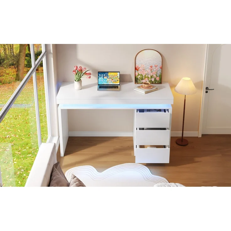 Schreibtisch mit LED-Beleuchtung und 3 Schubladen, 120x50x78,5 cm, Weiß – Bild 3