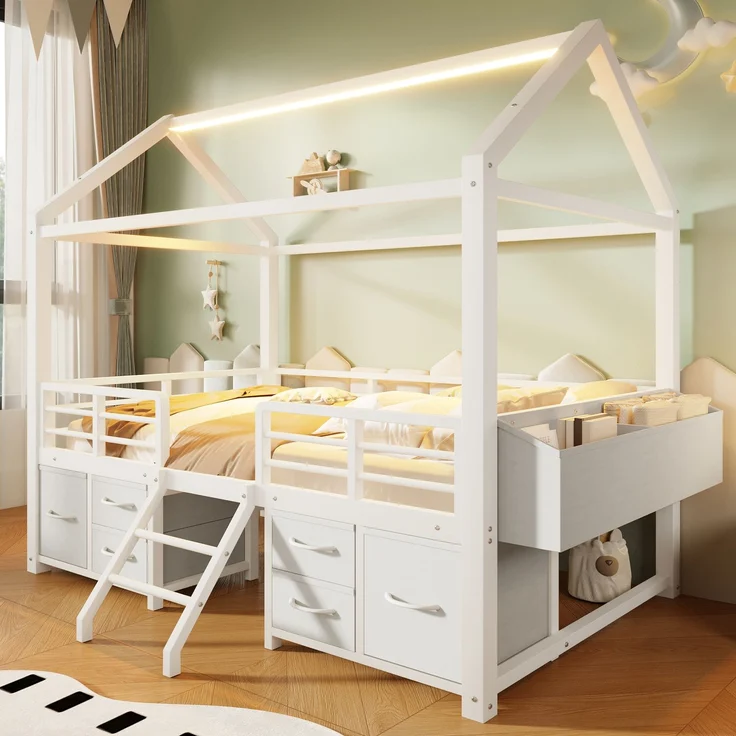 EINHOM Hochbett 90 x 200 cm mit Hausdach, LED-Beleuchtung Kinderbett aus Metall mit mehreren Stoffschubladen, Weiß (Ohne Matratze) – Bild 1