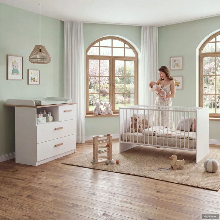 Babyzimmer-Set Kinderzimmer Babybett 70x140 cm,Wickelkommode, Weiß & Eiche Dekor – Bild 2