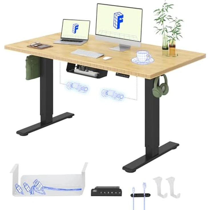 FLEXISPOT Höhenverstellbarer Schreibtisch mit 2 Motoren und einteiliger Tischplatte – Ergonomischer Bürotisch, 140x80 cm, Bambus-Tischplatte (19 mm), schwarzes Gestell – Bild 2