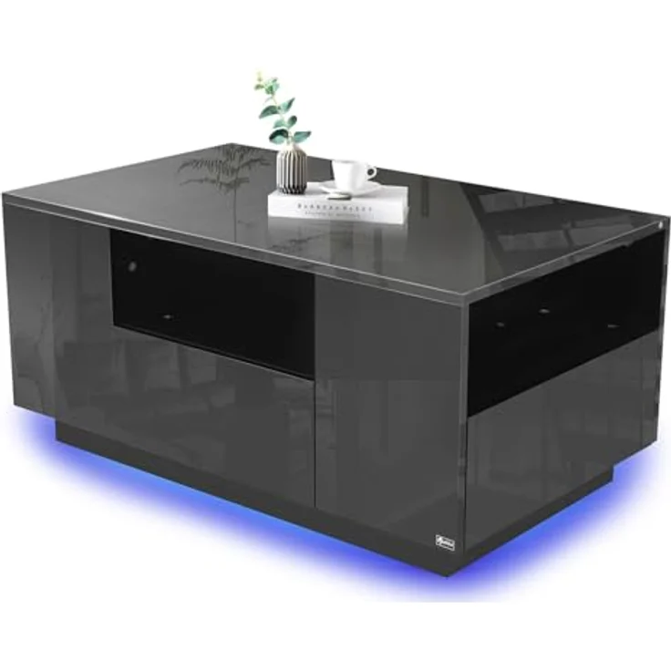 Makika LED Couchtisch mit Ablagefach und Schubladen, Holz schwarz, Hochglanz, 95 x 57 x 45 cm – Bild 7