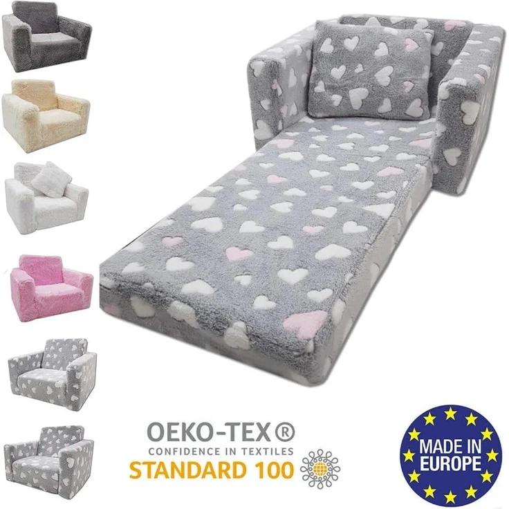 Odolplusz Kindersessel Mini-Sessel Kinderstuhl Relaxsessel Kuschelsessel (Herzen grau + Weiss/pink) – Bild 4
