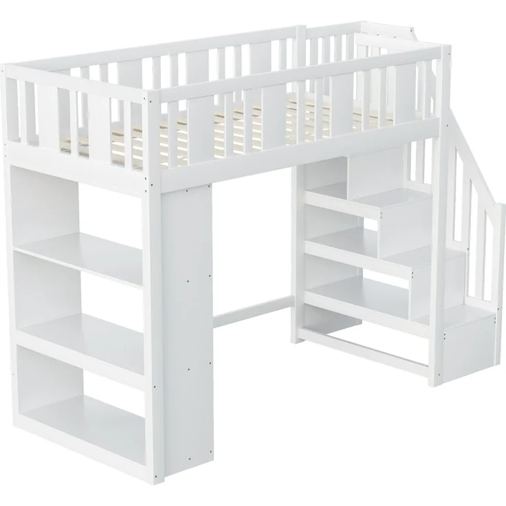 Bett 90x200 cm Hochbett mit Stauraumtreppe aus Kiefernholz, weiß – sicher & platzsparend – Bild 10