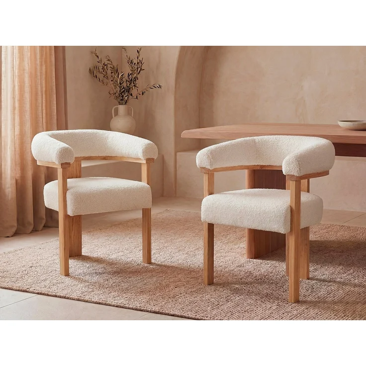 Vente-unique - Stuhl mit Armlehnen 6er-Set - Bouclé-Stoff & Kautschukholz - Weiß & Holzfarben - LIVELIA von Pascal MORABITO – Bild 2