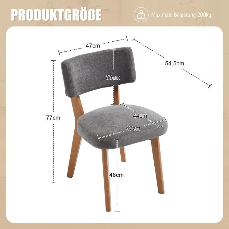 LVHOM 2er Set Esszimmerstühle Leinenstoff, Polsterstuhl aus Massivholz, belastbar bis 200 kg, Stuhl für Esszimmer, Homeoffice & Wohnzimmer, Grau – Bild 6