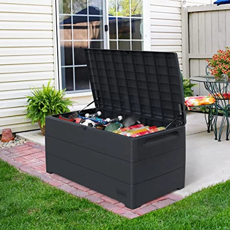 Duramax Cedargrain Durabox 416 Liter/ 110 Gallonen Kissenbox aus Kunststoff, Auflagenboxen für Terrasse und Gartenmöbel, abschließbare Kissenbox aus Kunststoff mit Gasflasche, Dunkelgrau – Bild 4