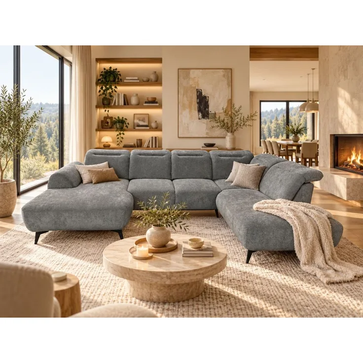 Wohnlandschaft Sofa U-Form ALETTE in Stoff Doha Dunkelgrau Lange Schenkel Rechts