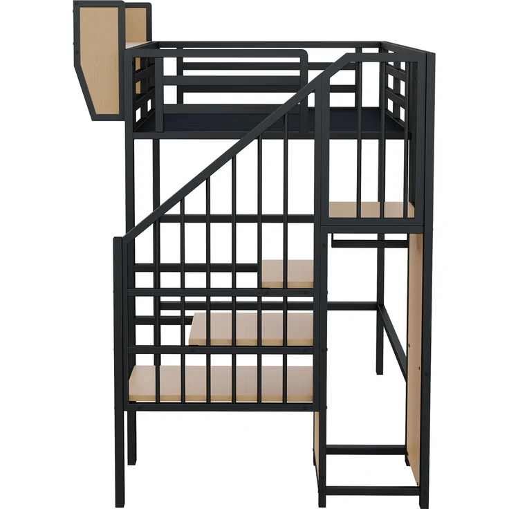 Merax Hochbett 90x200cm, Etagenbett, Kinderbett mit Sicherheitsleiter und flexiblem Staufach, Metallbett, Schwarz – Bild 7