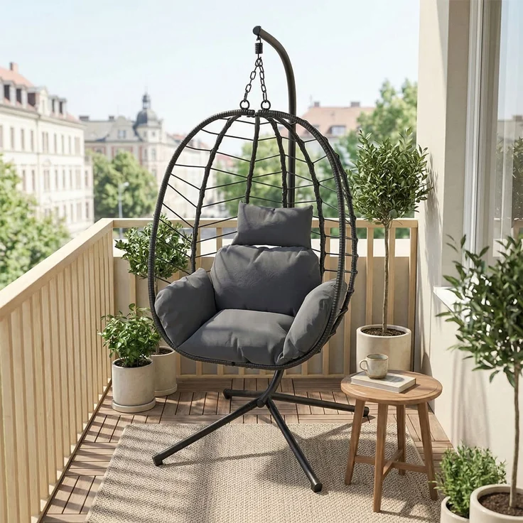 STEELSØN 'Alarian' Hängesessel mit Metallgestell, höhenverstellbar und faltbar, wetterfest, Polyrattan, dunkelgrau/schwarz, bis 150 kg belastbar, inkl. Kissen – Bild 2