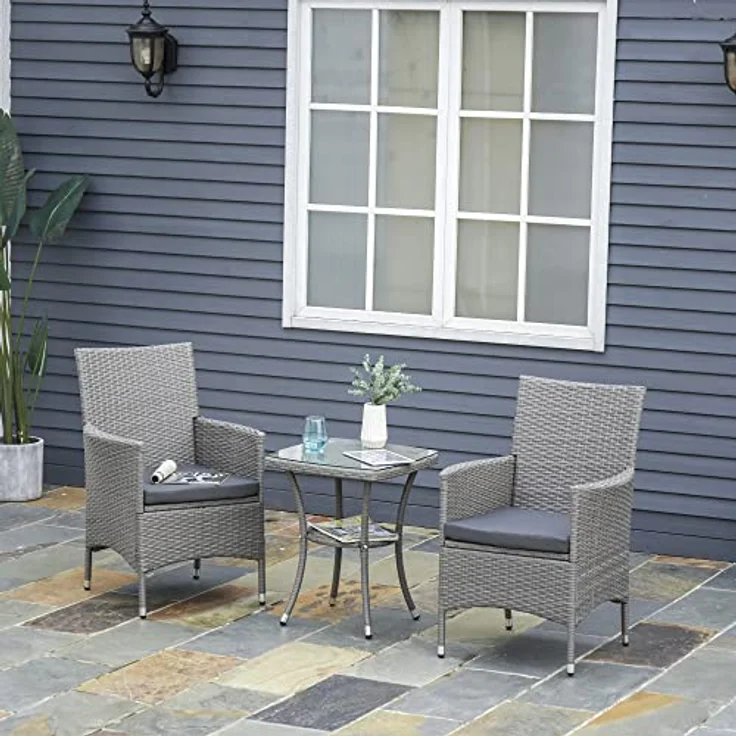 Outsunny Sitzgruppe Sitzgarnitur mit Sitzkissen Grauv 60 x 58,5 x 89,5 cm, (Set, 3-tlg, Gartenmöbel Set), Polyrattan + Stahl – Bild 3