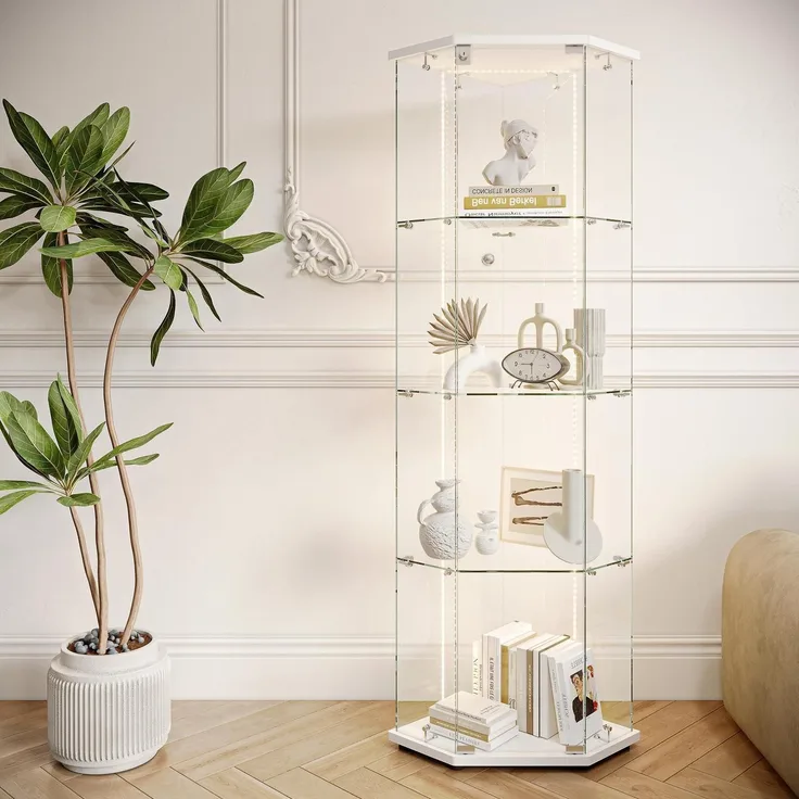 Glasvitrine Stehend mit LED 4 Etagen Holz Glas