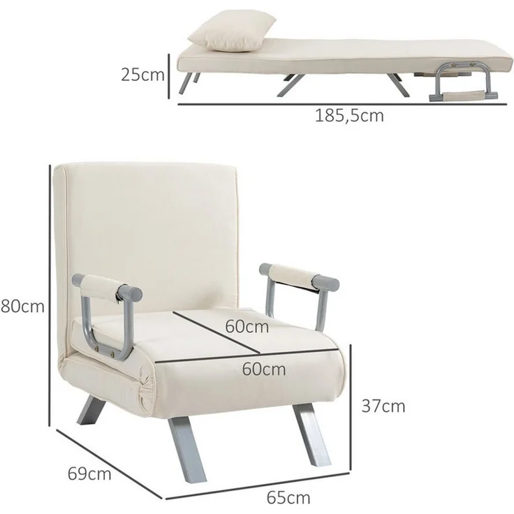 HOMCOM Sessel Schlafsofa mit Armlehne 3-in-1 Schlafsessel (Klappbett, 1-St, Klappmatratze), Kunstwildleder Creme, 65 x 69 x 80 cm – Bild 6