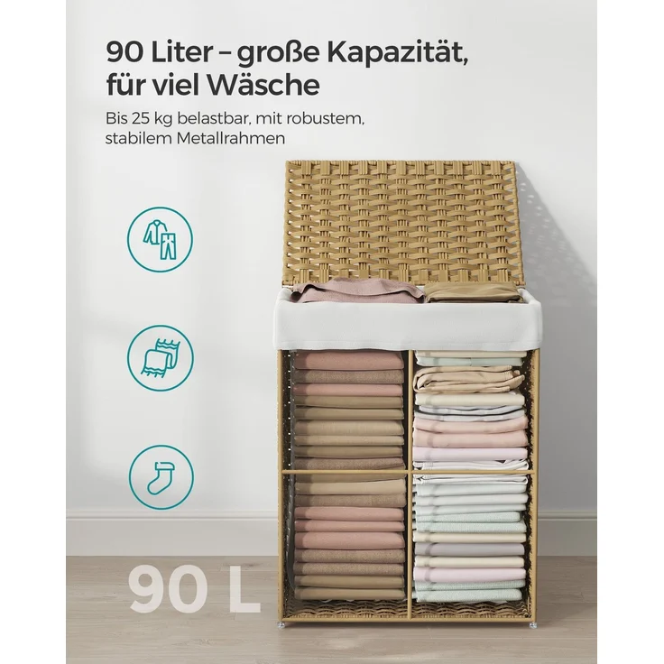 Songmics Wäschekorb handgeflochten, Rattan Naturfarben, 90L 46 x 33 x 60 cm – Bild 4