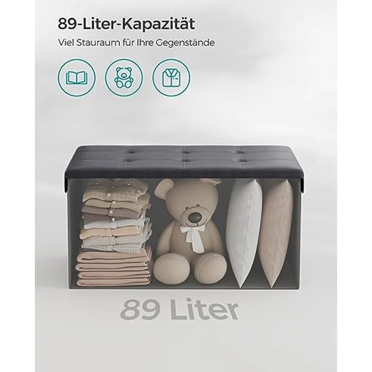 Songmics 76 cm Sitzbank mit Stauraum, Sitztruhe, Aufbewahrungsbox, Fußhocker, faltbar, gepolstert, Bezug aus Kunstleder, bis 300 kg belastbar, dunkelgrau LSF040G01 – Bild 7