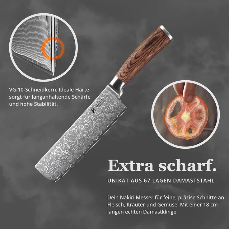 Wakoli Asiamesser EDIB Sakura Damast Nakiri Messer Küchenmesser 18 cm Klinge, aus 67 Lagen Damaststahl, VG-10 Kern – Bild 3