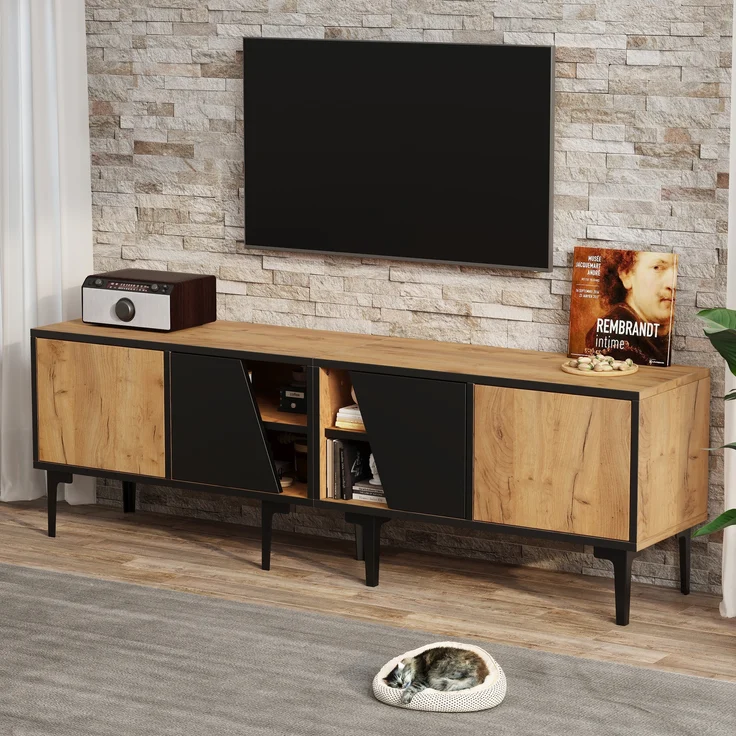 TV-Schrank aus Spanplatte mit 4 Fächern, 160 x 36,5 x 45 cm, Naturholzfarbe – Bild 3