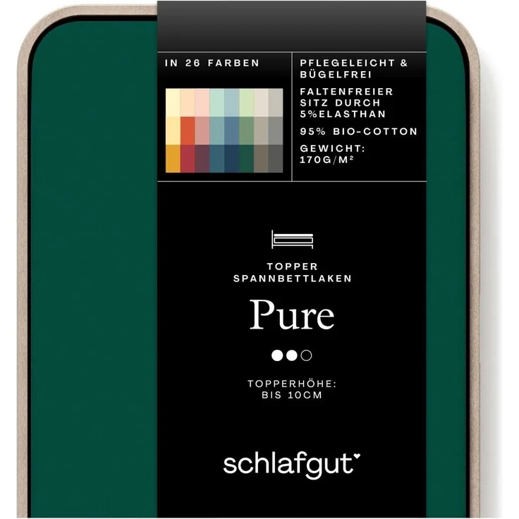 Schlafgut 'PURE TOPPER' Spannbettlaken, für Topper bis 10 cm Höhe, Green Deep, L 140x200cm - 160x220cm, 100% Bio-Baumwolle
