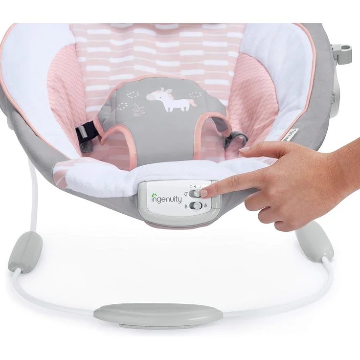 Ingenuity, Babywippe mit Vibration und 8 Melodien, Flora the Unicorn - abnehmbare spielbogen, gepolsterter Kopfstütze, Sicherheitsgurt, Babysitz ,Lautstärkeregler, grau / rosa, ab der Geburt bis 9kg – Bild 6