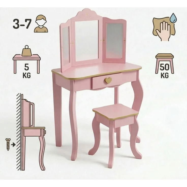 SCENA LIVING Schminktisch Kinderschminktisch REIA, mit Spiegel und Hocker im Set, rosa – Bild 4
