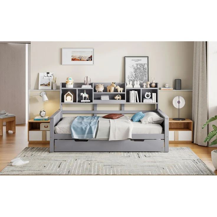 EINHOM Ausziehbares Schlafsofa 90 x 200 cm cm Massivholz, Ausziehbett 90 x 190 cm cm, mit Staufach und Lattenrost, Kiefer Multifunktionsbett, Einzelbett, Grau, (Ohne Matratze) – Bild 7