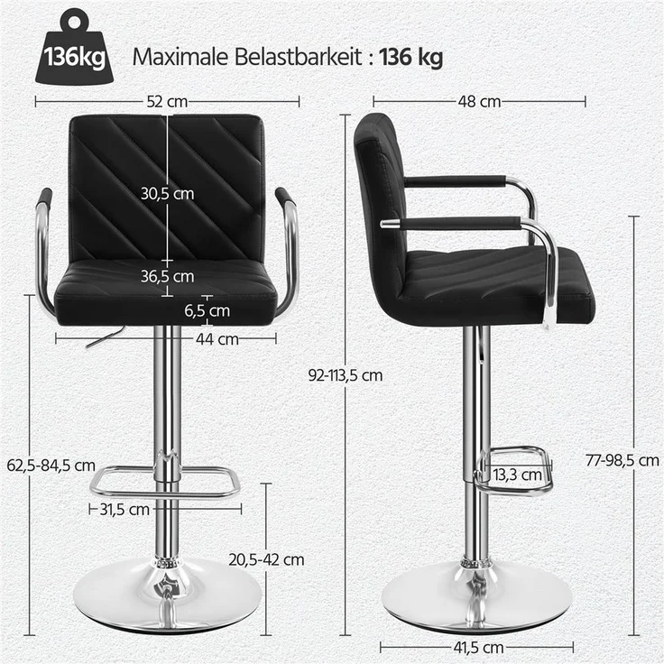 Yaheetech Barhocker 2/4-er Set (4 St), Höhenverstellbarer Barstuhl mit Armlehnen, Sitzhöhe 62,5 cm – 84,5 cm – Bild 3