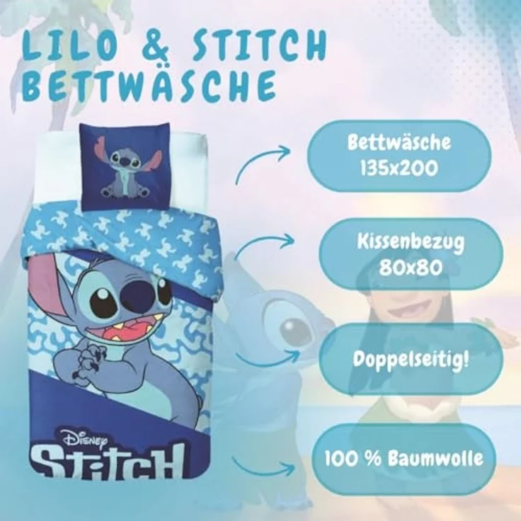 Lilo & Stitch Bettwäsche in Blau Wendebettwäsche für Kinder Bettbezug 135x200 cm – Bild 2