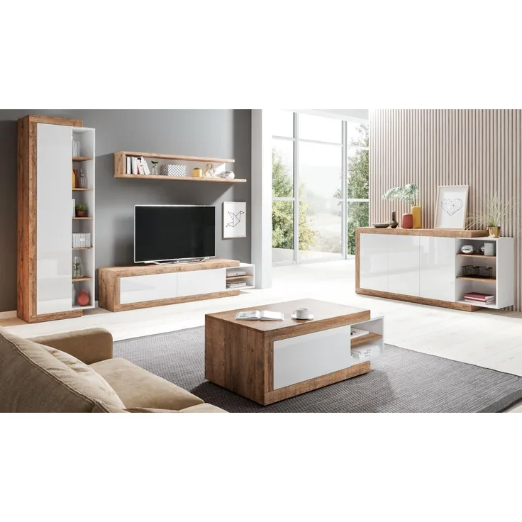 Wohnzimmer-Set Saragossa 5-teilig Anbauwand Grifflos weiß Hochglanz Samdal Eiche