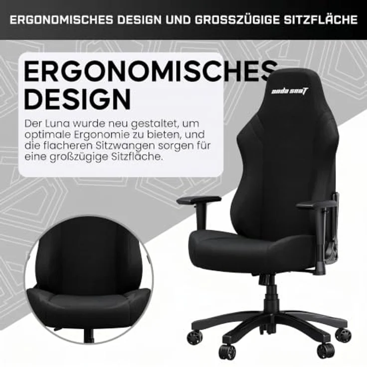 Anda Seat Luna Ergonomischer Gaming Stuhl - Großer Gamerstuhle für Erwachsene mit Lendenwirbelstütze, Gaming Sessel aus Leinenstoff, Nacken- und Rückenstütze, Schwarzer Gamer Stuhl – Bild 7