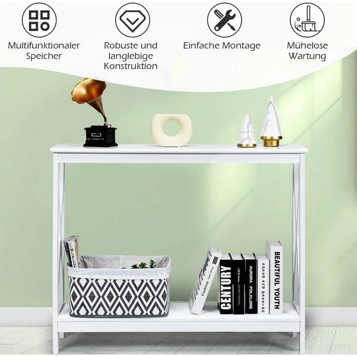 COSTWAY Konsolentisch Beistelltisch Industrie Design mit Ablage Flurtisch 100 x 30 x 80 cm Weiß, 3 Ebenen – Bild 3
