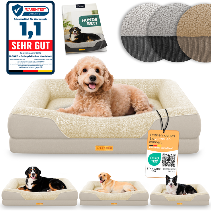 ELONEO Hundebett ELONEO - Orthopädisches Premium Hundebett, gelenkschonend, waschbar, Aus kuscheligem Sherpa-Fleece und strapazierfähigem Sofastoff