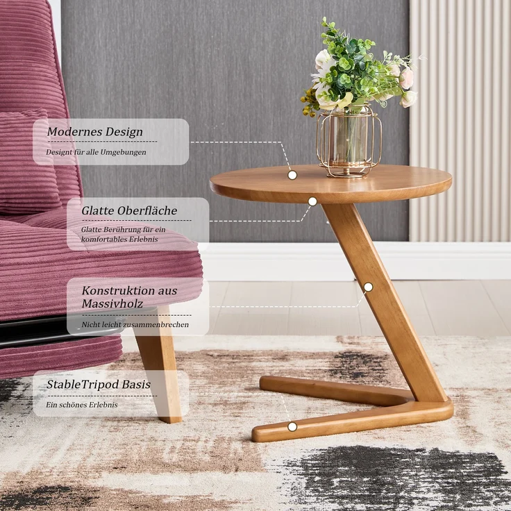LVHOM Couchtisch rund, Beistelltisch aus Massivholz, Wohnzimmertisch Ø50 cm, Natur – Bild 3
