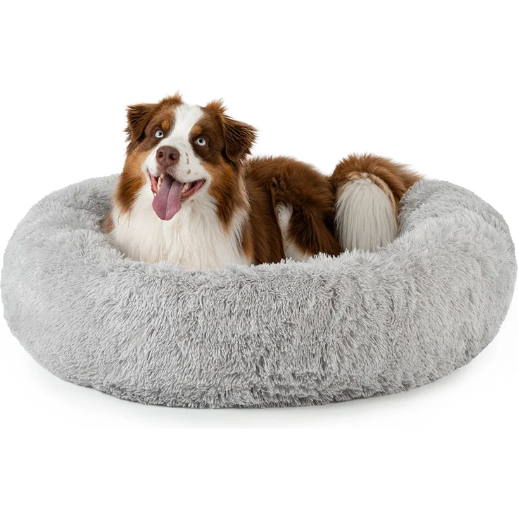 lionto Donut Hundebett, rundes Hundesofa mit Plüschbezug & Anti-Rutsch-Noppen, weich & gemütlich, 100 cm Durchmesser, hellgrau – Bild 1