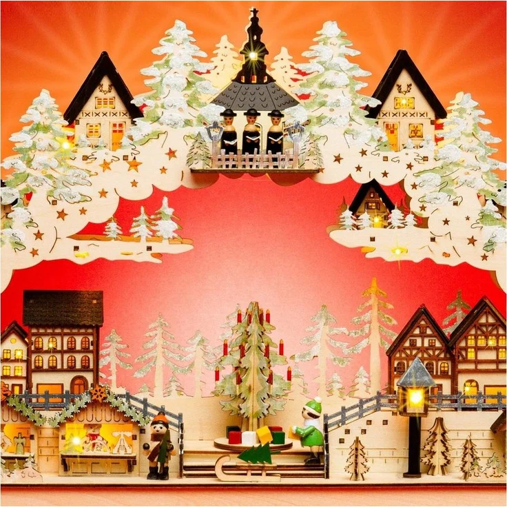 SIKORA Schwibbogen LB92 Weihnachtsdorf Seiffen mit LED Beleuchtung, Spieldose und motorbetriebenem Weihnachtsbaum B:58cm – Bild 3