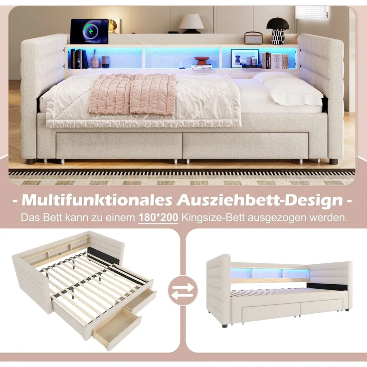 Merax Polsterbett, 90 × 190 cm, Tagesbett, Daybett, Schlafsofa, multifunktionales Ausziehbett-Design, USB- + Typ-C-Anschlüsse, mit 2 Schubladen, LED-Lichtleiste, Samt, beige – Bild 5