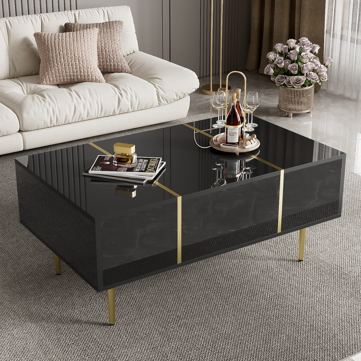 Couchtisch Schwarz Hochglanz mit Gold Akzenten,Sofatisch mit 2 Schubladen Stauraum – Bild 5
