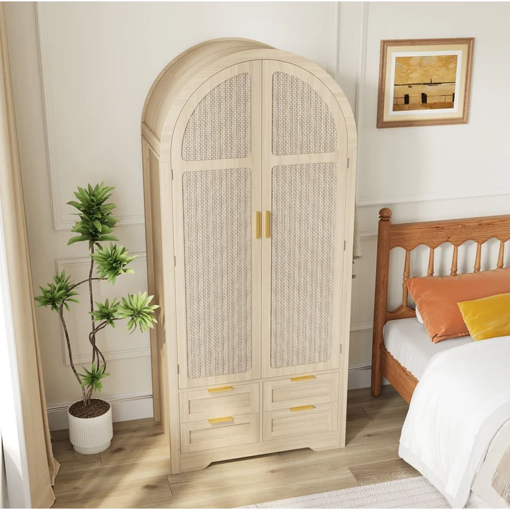 Kleiderschrank 80 x 50 x 180 cm in Eichenholzfarbe mit Rattantüren und Schubladen – Bild 2