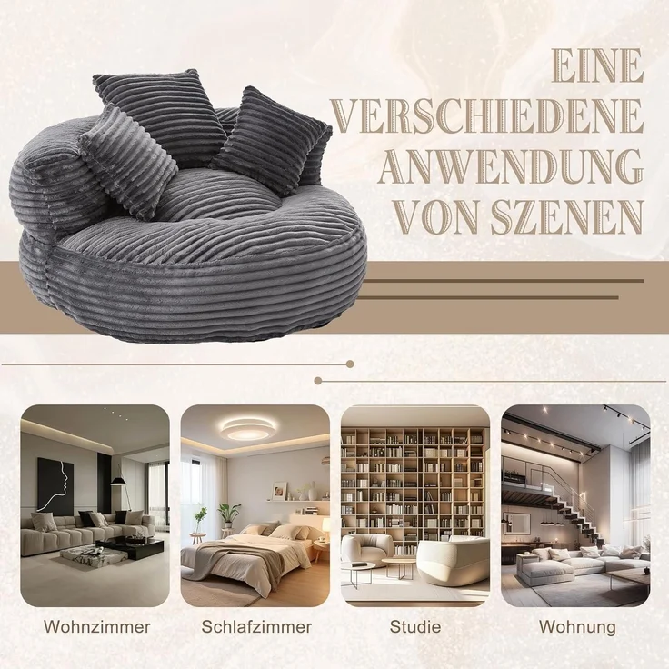 Couch Sitzsack Lounger Boneless Hoher Rücken 3 Kissen Cord Dunkelgrau – Bild 8
