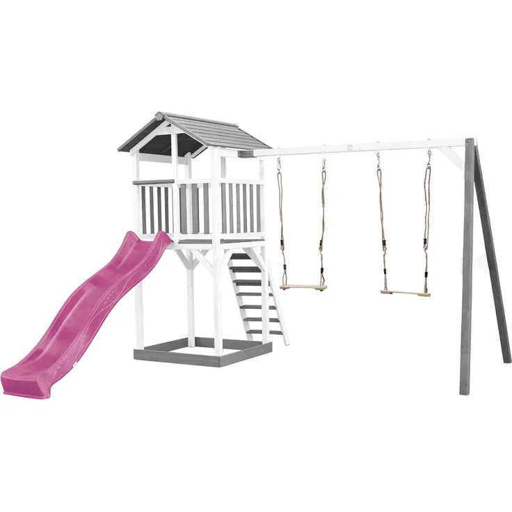 AXI Beach Tower Spielturm aus Holz in Weiß & Grau Spielhaus für Kinder mit lila Rutsche, Doppelschaukel und Sandkasten | Weiß, grau, lila | Holz | 349 cm