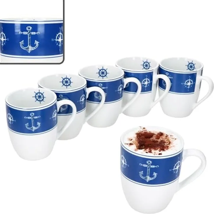 MamboCat Becher Ahoi 6x Kaffeebecher 280ml Porzellan-Tassen 6 Pers Tee Kakao nautisch, Porzellan