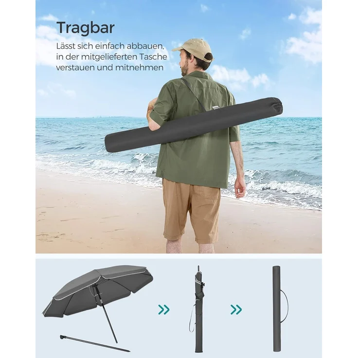 SONGMICS Sonnenschirm 200 cm, Sonnenschutz, UPF 50+, Strandschirm, beidseitig um 30° knickbar, höhenverstellbar, mit Tragetasche, für Balkon, Garten, Terrasse, Strand, ohne Ständer, grau GPU065G01 – Bild 8