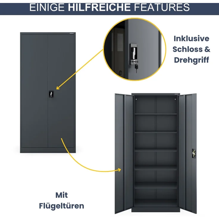 Aktenschrank abschließbar KADO - 5 Ebenen verstellbar, Flügeltüren | Metallschrank Werkstatt Mehrzweckschrank Büroschrank aus Stahl Werkzeugschrank, 195 x 90 x 60 cm Anthrazit – Bild 5