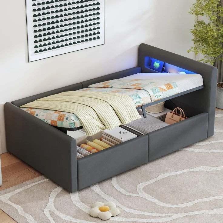Polsterbett Kinderbett 90*200 cm, Mit LED-Licht, Mit Nachtlicht und USB-Ladeanschluss, Mit Regal, Mit Hydraulischem Stauraum, Einfaches Einzelbett, Jungen- und Mädchenbetten, Samtstoff, Dunkelgrau – Bild 4