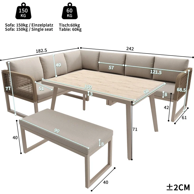 Merax Gartenmöbel Set mit Sitzkissen & Rückenkissen, Garten-Lounge-Set, Garten Loungesessel für 6-8 Personen, SetHandgeflochtene PE-Rattan Polstergruppe, Beige – Bild 4