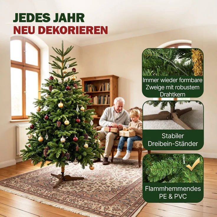 Aurelia Home Künstlicher Weihnachtsbaum 180 cm – Nordmann-Optik mit PE-Wipfel, Holzständer und Tasche – Bild 4