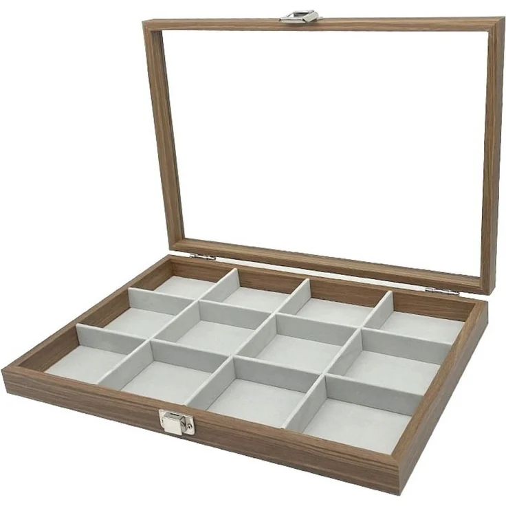 Schmuckkasten Holz Schmucklade 12 Fächer für Schmuck Ringe Ohrringe Halsketten Armbänder Schmuckkoffer Schmuckkasten Schmuckbox Aufbewahrung Schmuckdisplay Deckel aus Echtglas Schmuckschatulle, Deckel aus Echtglas – Bild 5