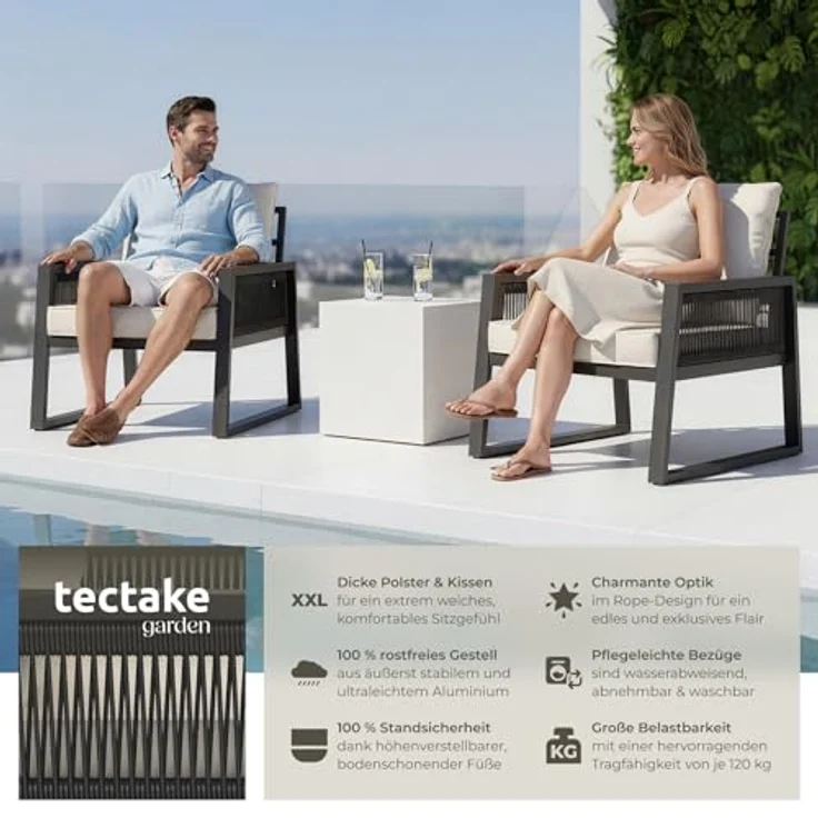 tectake Gartenlounge-Set Terrassenset Captive im Rope-Design mit Aluminiumgestell, (Set, 2-tlg), Extra dicke und große Sitzpolster und Rückenkissen – Bild 3