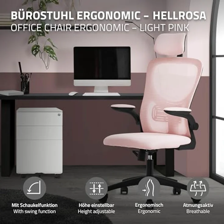 ML-DESIGN Schreibtischstuhl Pink, Ergonomischer Drehstuhl mit Netzrücken, 1-Sitzer, 60.5x121x60 cm, für das Arbeitszimmer – Bild 3
