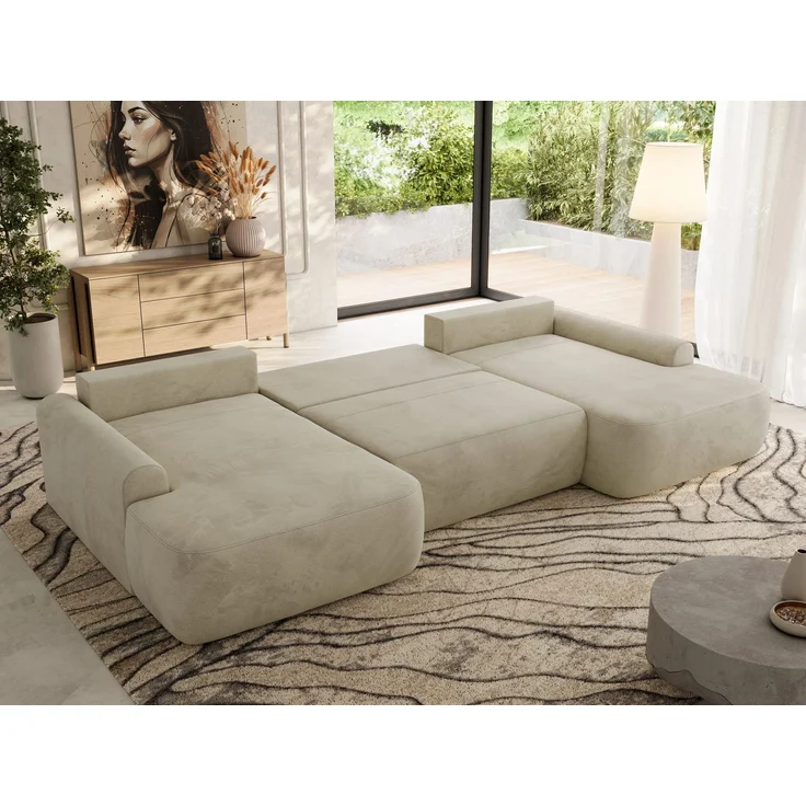 U-förmige Ecke, Ecksofa mit schlaffunktion und bettkasten, lose kissen, Wellenfeder, Big sofa XXL - CUBO U - Beige Velours – Bild 3